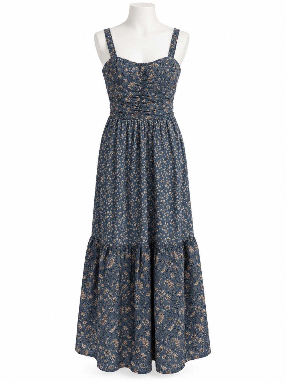Blue Floral Maxi Dress with Ruched Bodice and Adjustable Straps